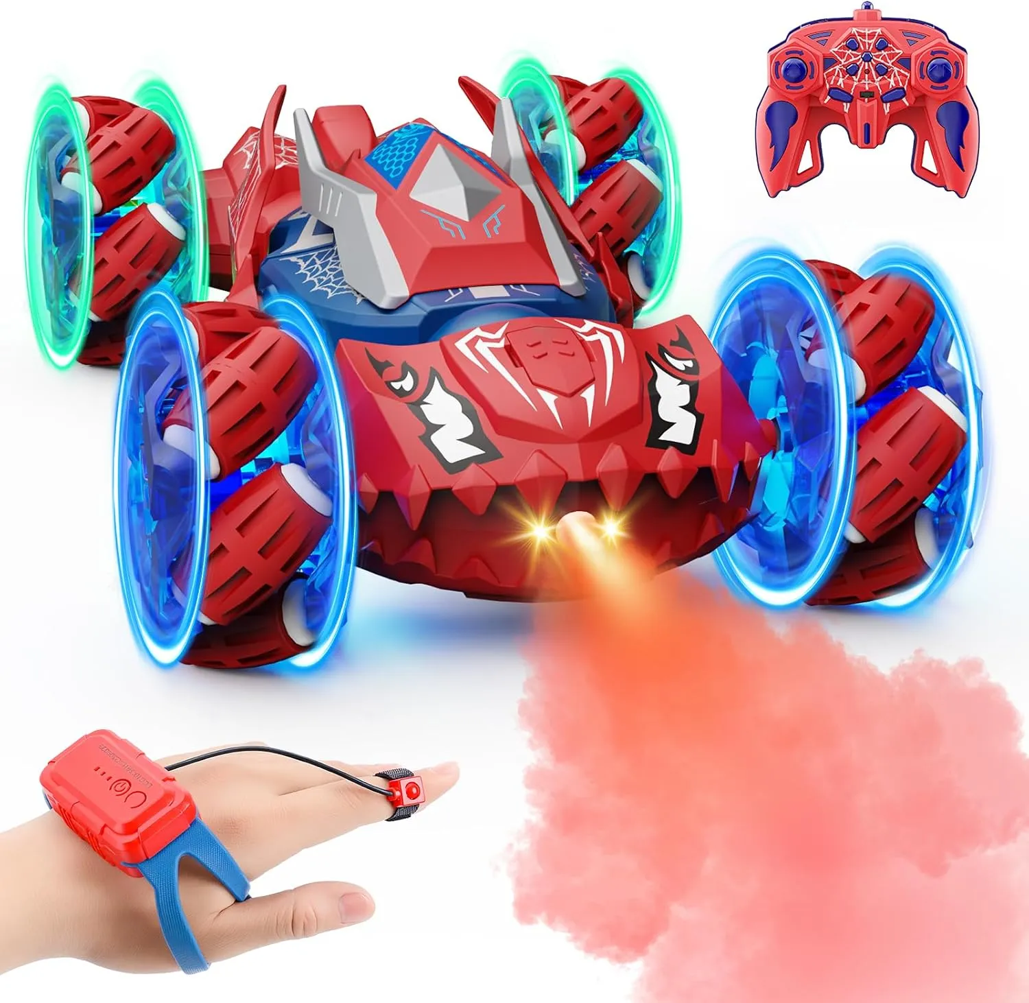 Remote Control Car Boys Toys: RC Cars 360°Flip 2.4Ghz Double Sided 4WD Transform Off Road for Rotating Hand & Remote Control Drift Stunt Cars Toy 6 7 8 9 10 11 12 Year Old Kids Girls (Red)