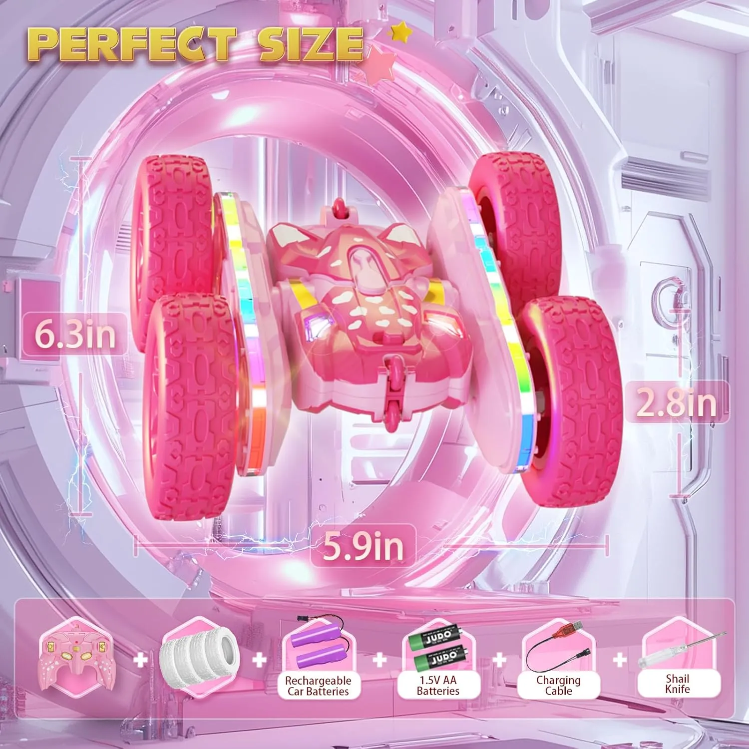 Remote Control Car for Girls, New Pink RC Cars Stunt RC Car Girl Toys for Girls Double-Sided 360° Rotating with Headlights 4WD Kid Toys Girls for Birthday Gifts (Pink)