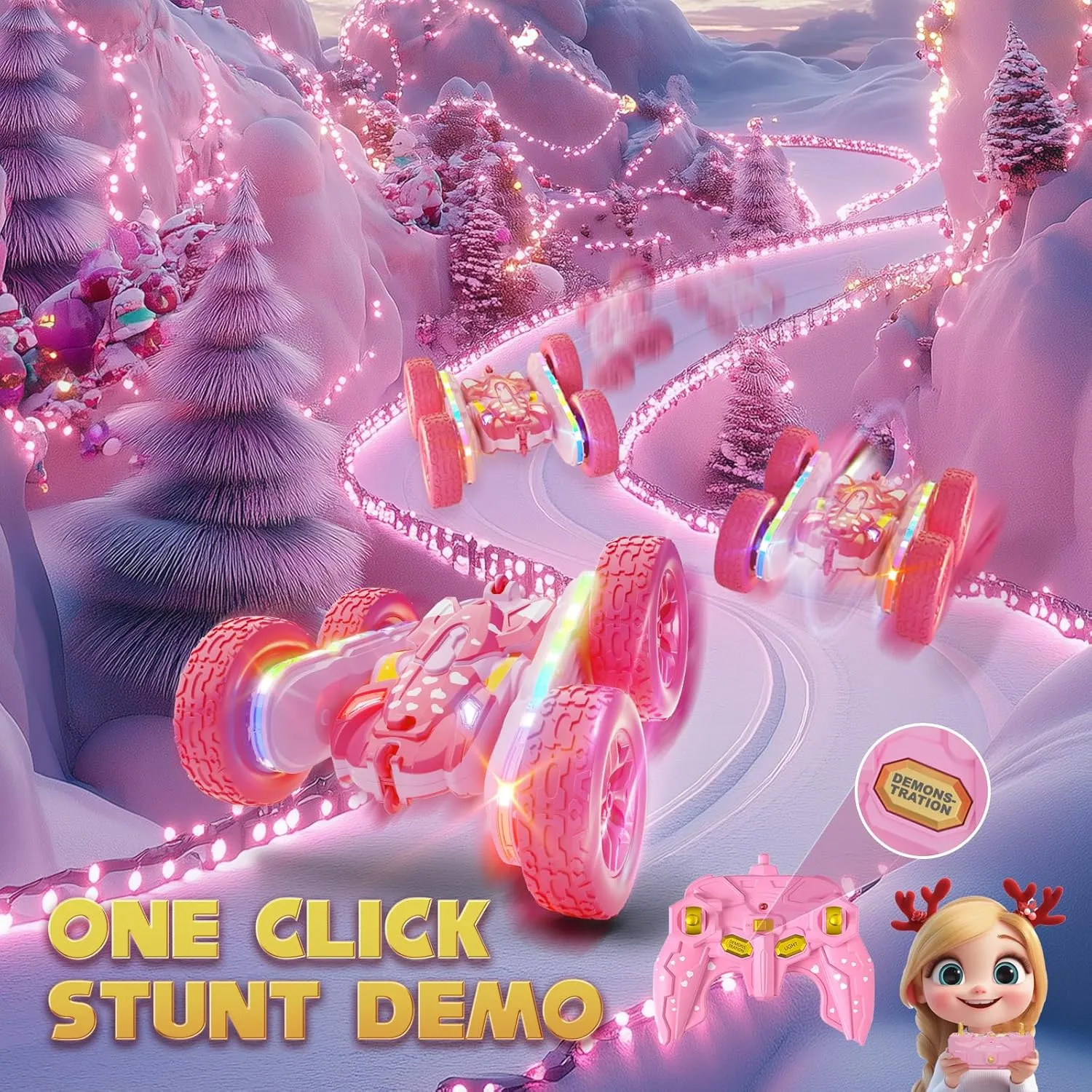 Remote Control Car for Girls, New Pink RC Cars Stunt RC Car Girl Toys for Girls Double-Sided 360° Rotating with Headlights 4WD Kid Toys Girls for Birthday Gifts (Pink)