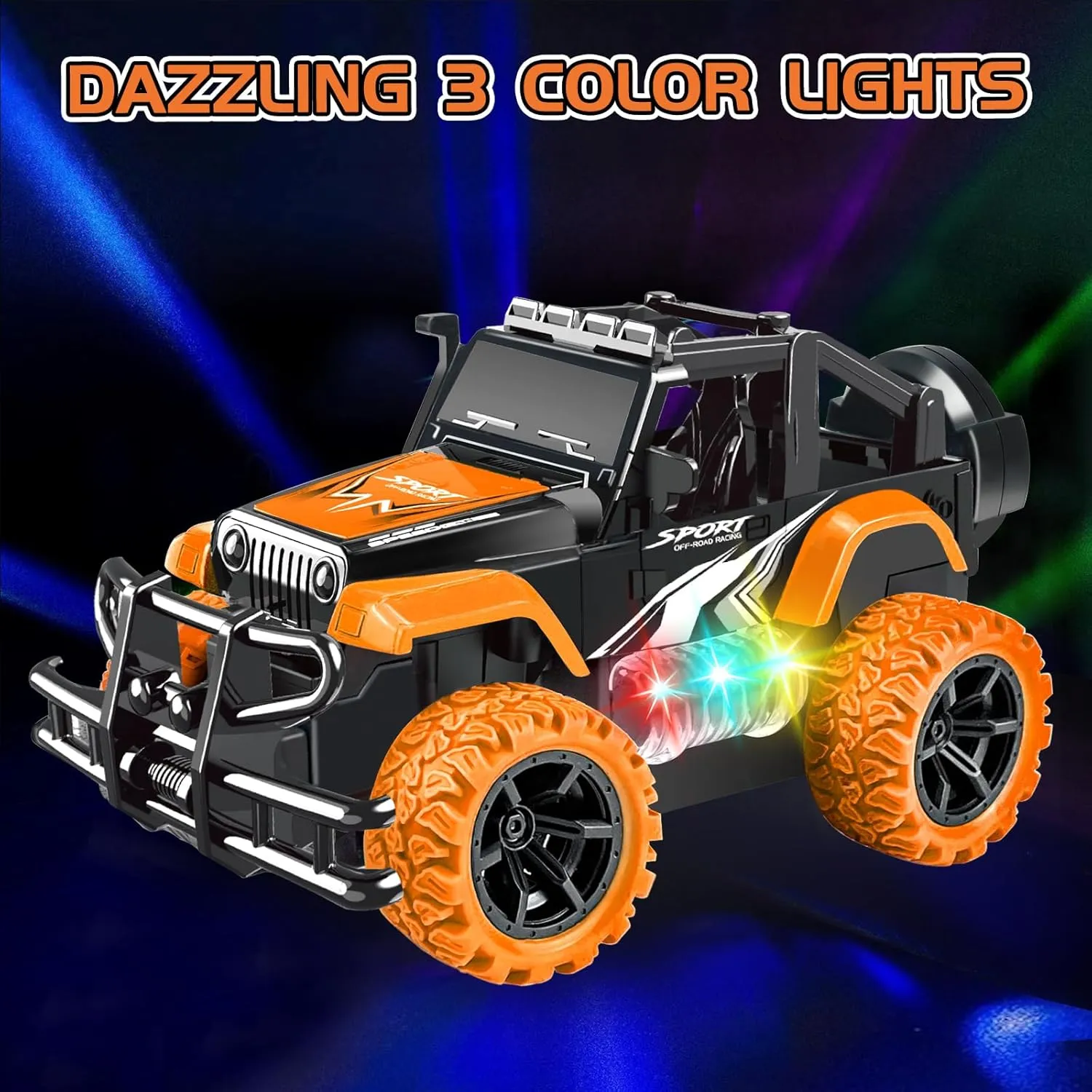 Remote Control Car for Kids 3-5, Off Road Rc Racing Car Vehicle Remote Control Truck for Girls Boys 4-7 8-12 Monster Trucks with 3 Color Led Lights Birthday Gift, Orange