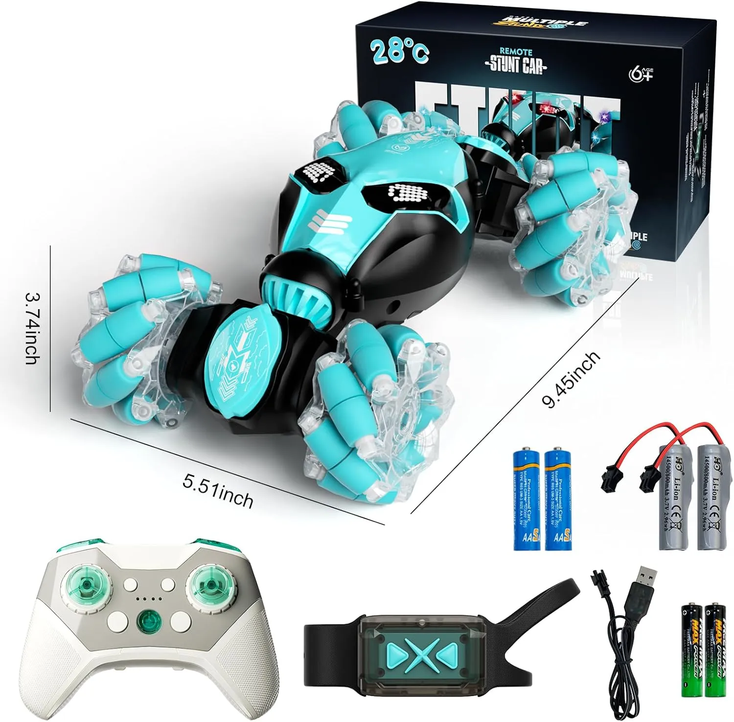 Remote Control Car, Gesture Sensor RC Stunt Cars Toys for Boys Age 8 9 10 11 12  Years Old, 2.4GHz 4WD RC Double Sided 360° Flips Off Road Vehicle Toy with Lights/Music, Gifts for Kids Girls Blue