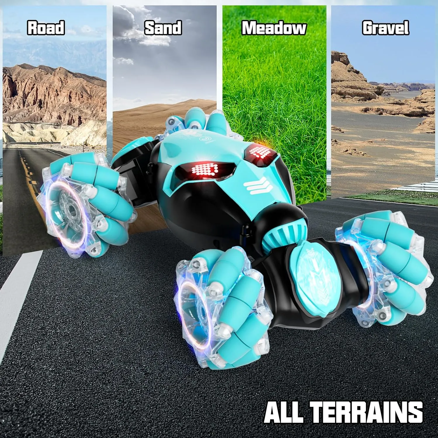 Remote Control Car, Gesture Sensor RC Stunt Cars Toys for Boys Age 8 9 10 11 12  Years Old, 2.4GHz 4WD RC Double Sided 360° Flips Off Road Vehicle Toy with Lights/Music, Gifts for Kids Girls Blue
