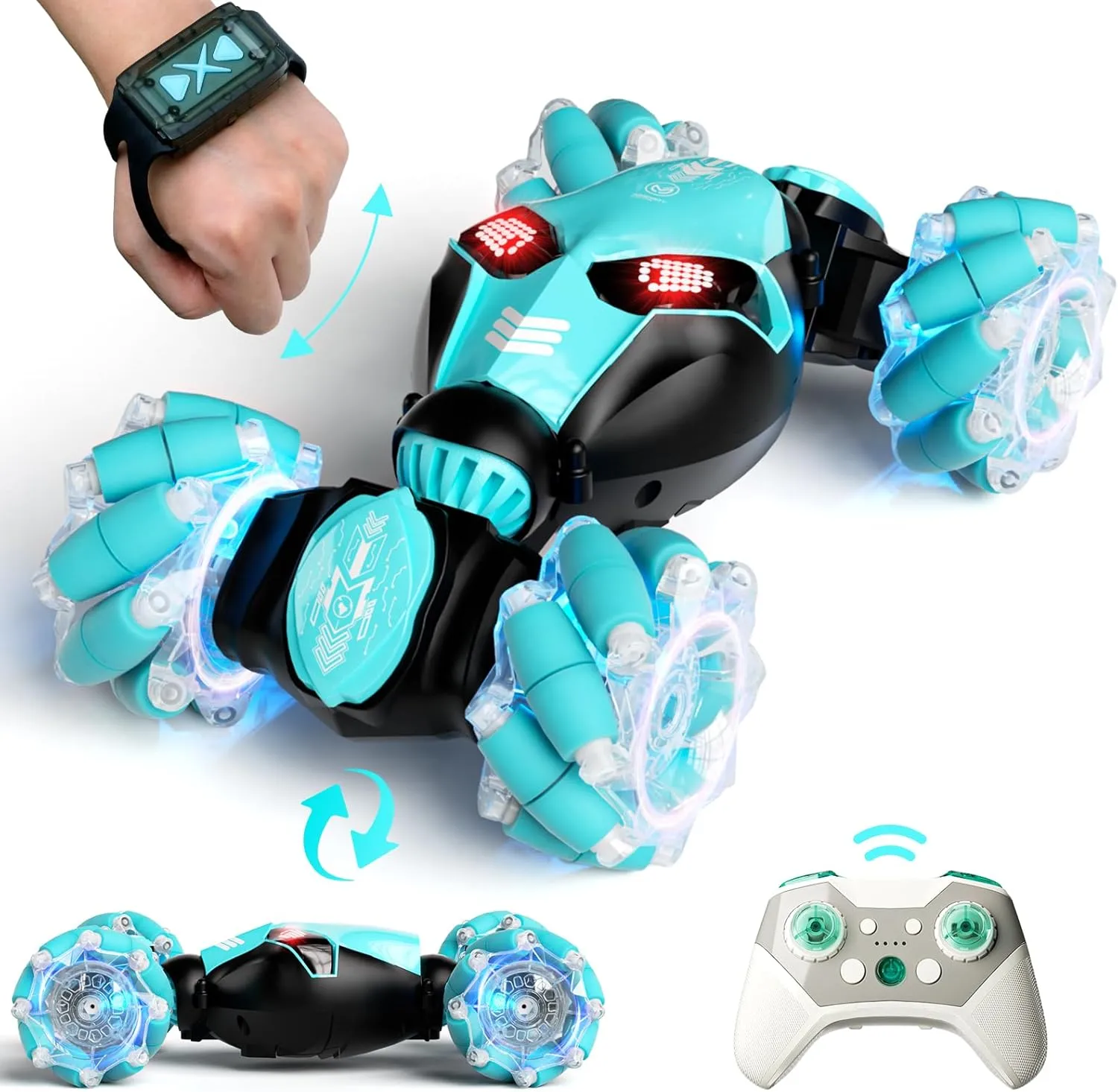 Remote Control Car, Gesture Sensor RC Stunt Cars Toys for Boys Age 8 9 10 11 12  Years Old, 2.4GHz 4WD RC Double Sided 360° Flips Off Road Vehicle Toy with Lights/Music, Gifts for Kids Girls Blue
