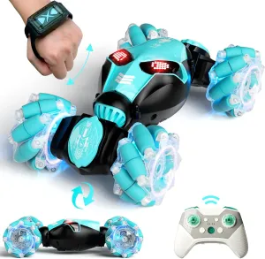 Remote Control Car, Gesture Sensor RC Stunt Cars Toys for Boys Age 8 9 10 11 12  Years Old, 2.4GHz 4WD RC Double Sided 360° Flips Off Road Vehicle Toy with Lights/Music, Gifts for Kids Girls Blue