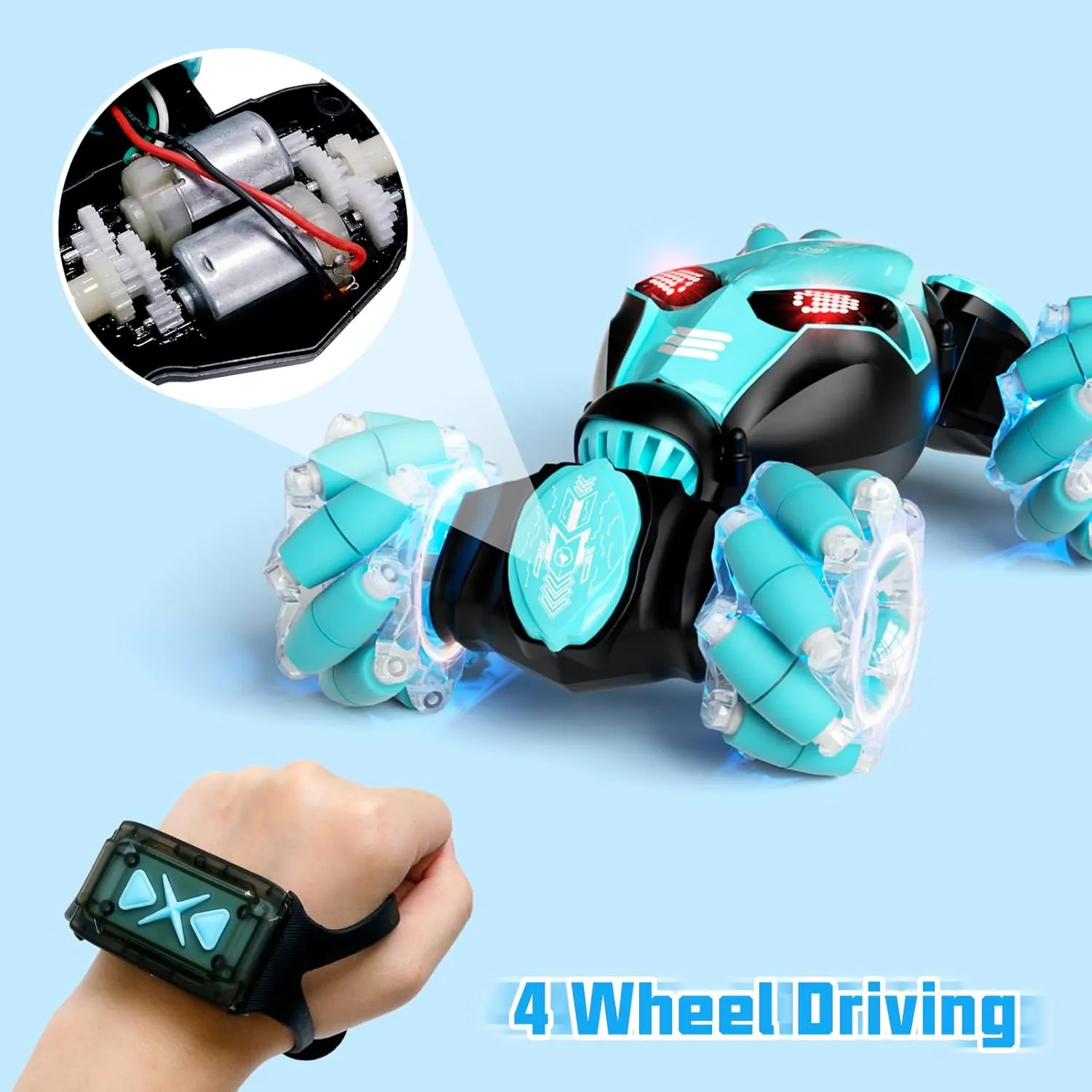 Remote Control Car, Gesture Sensor RC Stunt Cars Toys for Boys Age 8 9 10 11 12  Years Old, 2.4GHz 4WD RC Double Sided 360° Flips Off Road Vehicle Toy with Lights/Music, Gifts for Kids Girls Blue