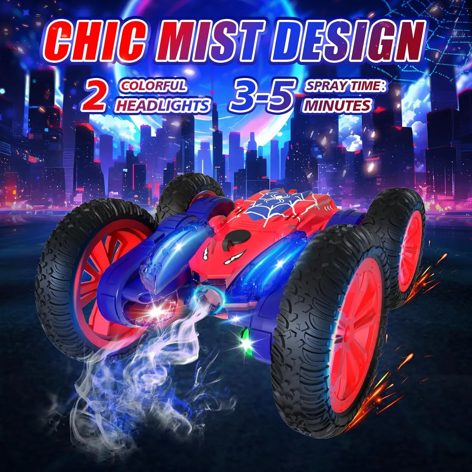 Remote Control Car, RC Stunt Car with Spray Effect & LED Words, 360°Flip Double Sided 4WD Off-Road RC Car for Kids, Remote Control Car for Boys 4-7,8-12, Toys for Boys 5-7,8-12,Gift for Boys Girls