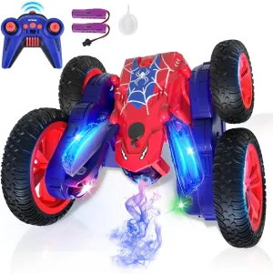Remote Control Car, RC Stunt Cars with Spray Effect & LED Words, 360°Flip Double Sided 4WD Off-Road RC Cars for Kids, Remote Control Car for Boys 4-7,8-12, Toys for 5-7,8-12,Gift for Boys Girls