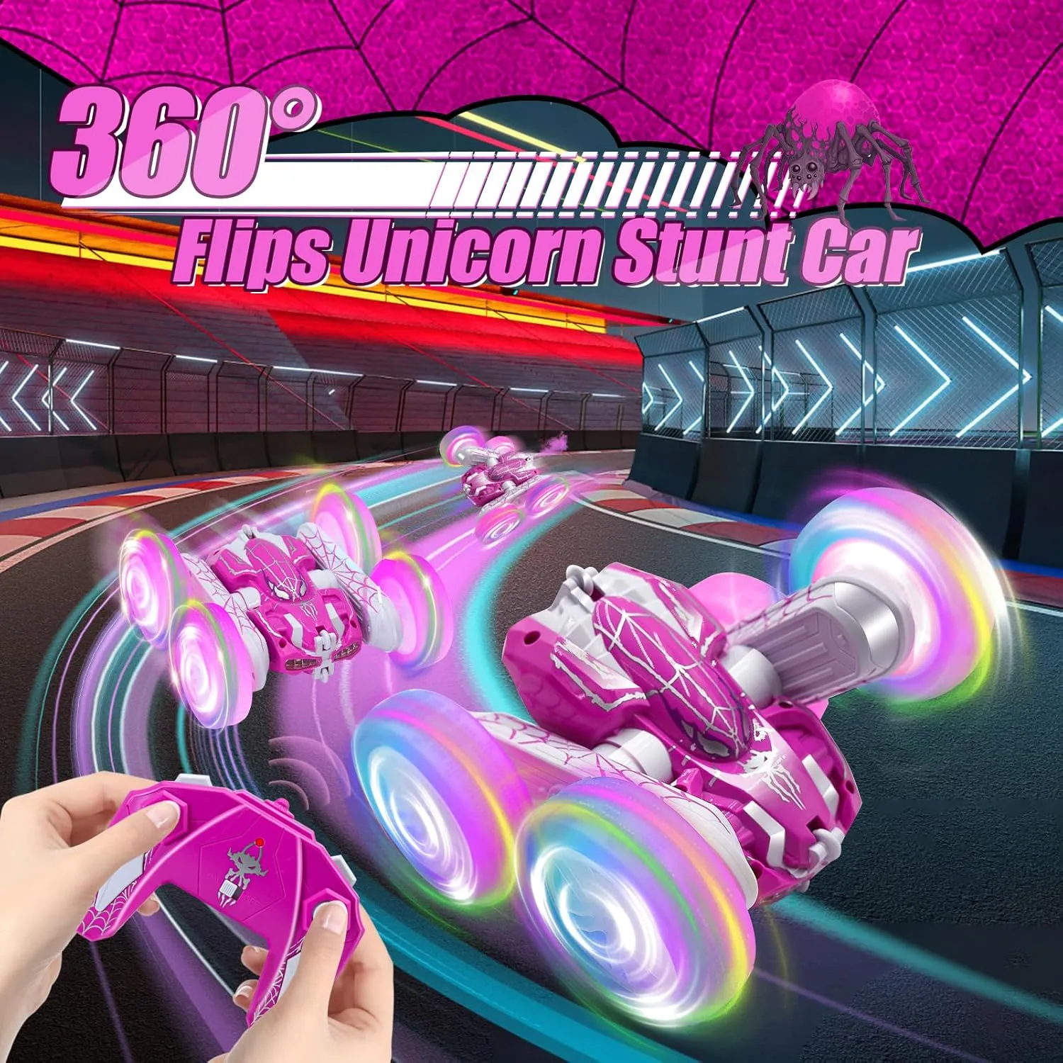 Remote Control Car with Spray Effect & LED Cool Lights, 360°Double-Sided 2.4GHz 4WD All Terrain Off Road Spider RC Car for Kids Toys, RC Stunt Car Toys, Electric Racing Car for 4  Boys Girls (Pink)