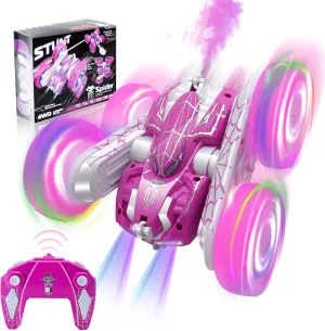 Remote Control Car with Spray Effect & LED Cool Lights, 360°Double-Sided 2.4GHz 4WD All Terrain Off Road Spider RC Car for Kids Toys, RC Stunt Car Toys, Electric Racing Car for 4  Boys Girls (Pink)