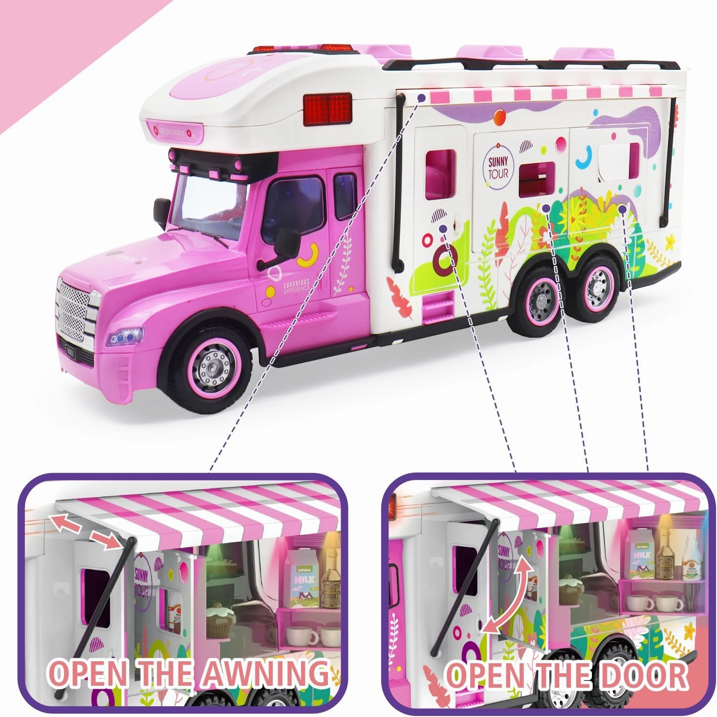 Remote Control Camper Toys, RC Truck for Boys Pull Back Model Car Doors & Awning Open Light Sound, RC Food Car Age 3 4 5 6 7 8 Kids Toddlers Birthday Gifts