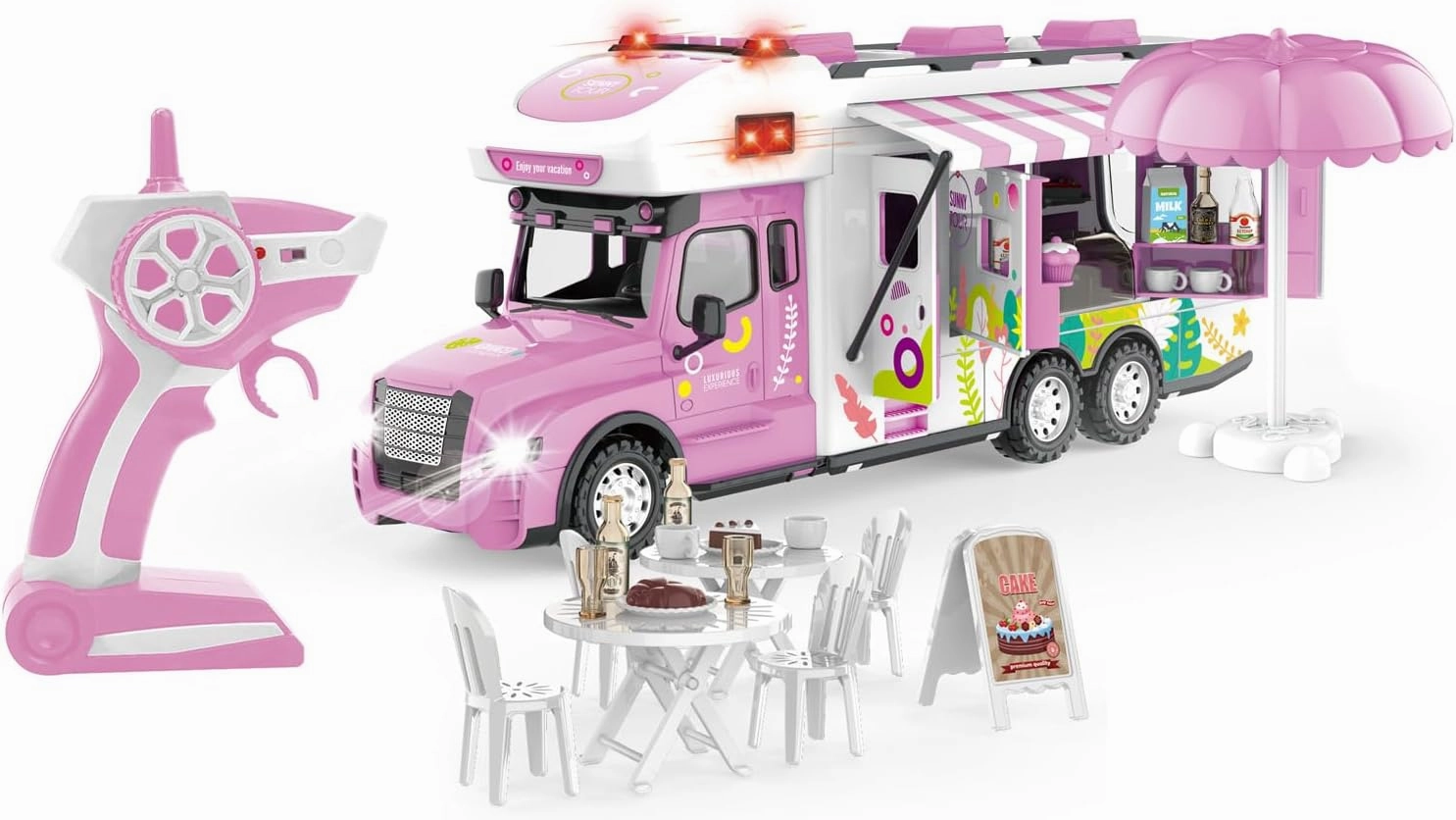 Remote Control Camper Toys, RC Truck for Boys Pull Back Model Car Doors & Awning Open Light Sound, RC Food Car Age 3 4 5 6 7 8 Kids Toddlers Birthday Gifts