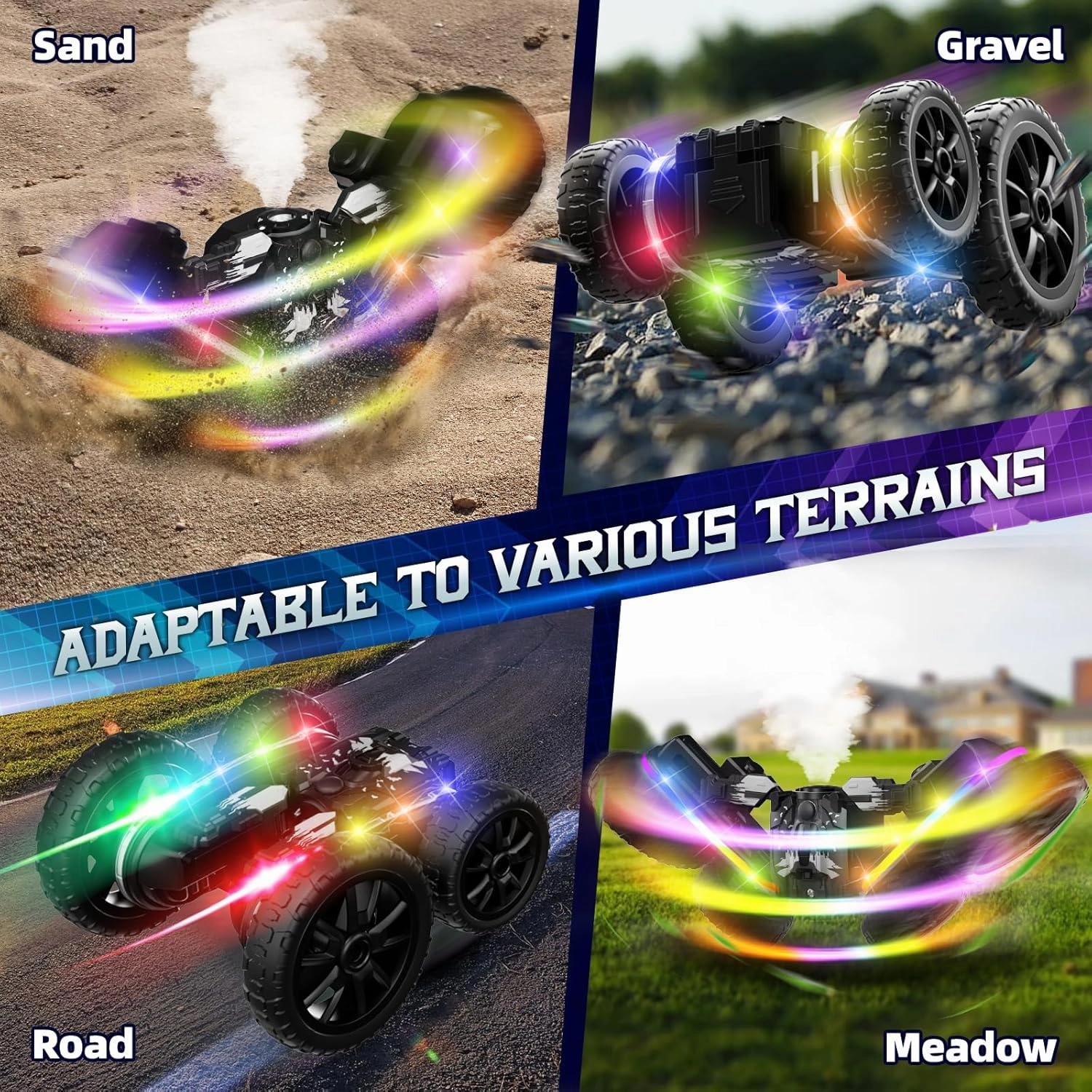 Remote Control Car, 360°Rotating 4WD RC Cars with Cool Spray, 2.4Ghz Double Sided RC Stunt Truck with Cool Lights, Drift Car for Kids Toys Best Gifts for Boys Girls Age 4-6 7 8-13 (Black)