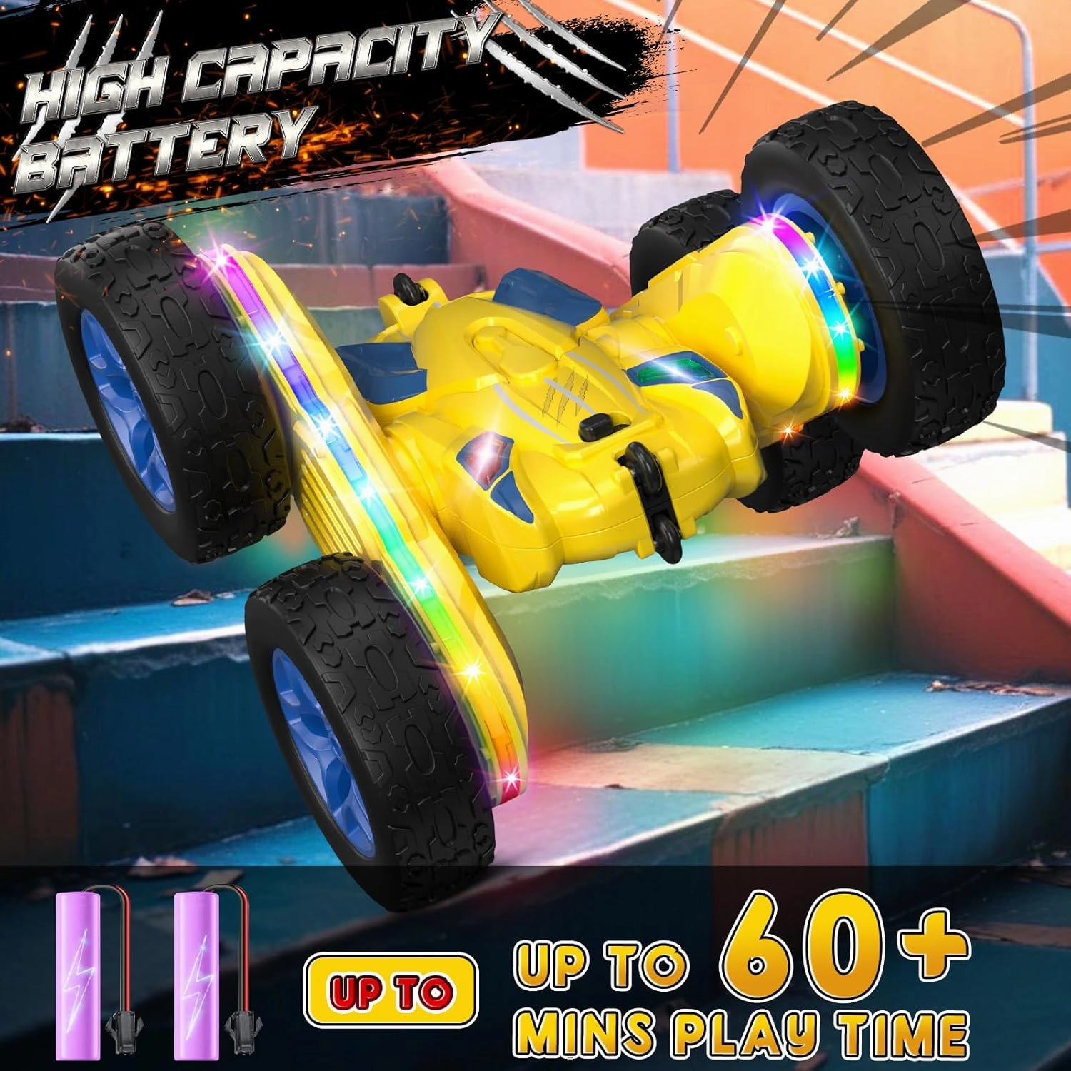 Remote Control Car,RC Cars with Sides Light Strip and Headlights,Double Sided 360 Flips Rotating RC Stunt Car,2.4Ghz All Terrain Toys for Ages 4-6 Kids Toy for Boys Girls Birthday Gift(Yellow)