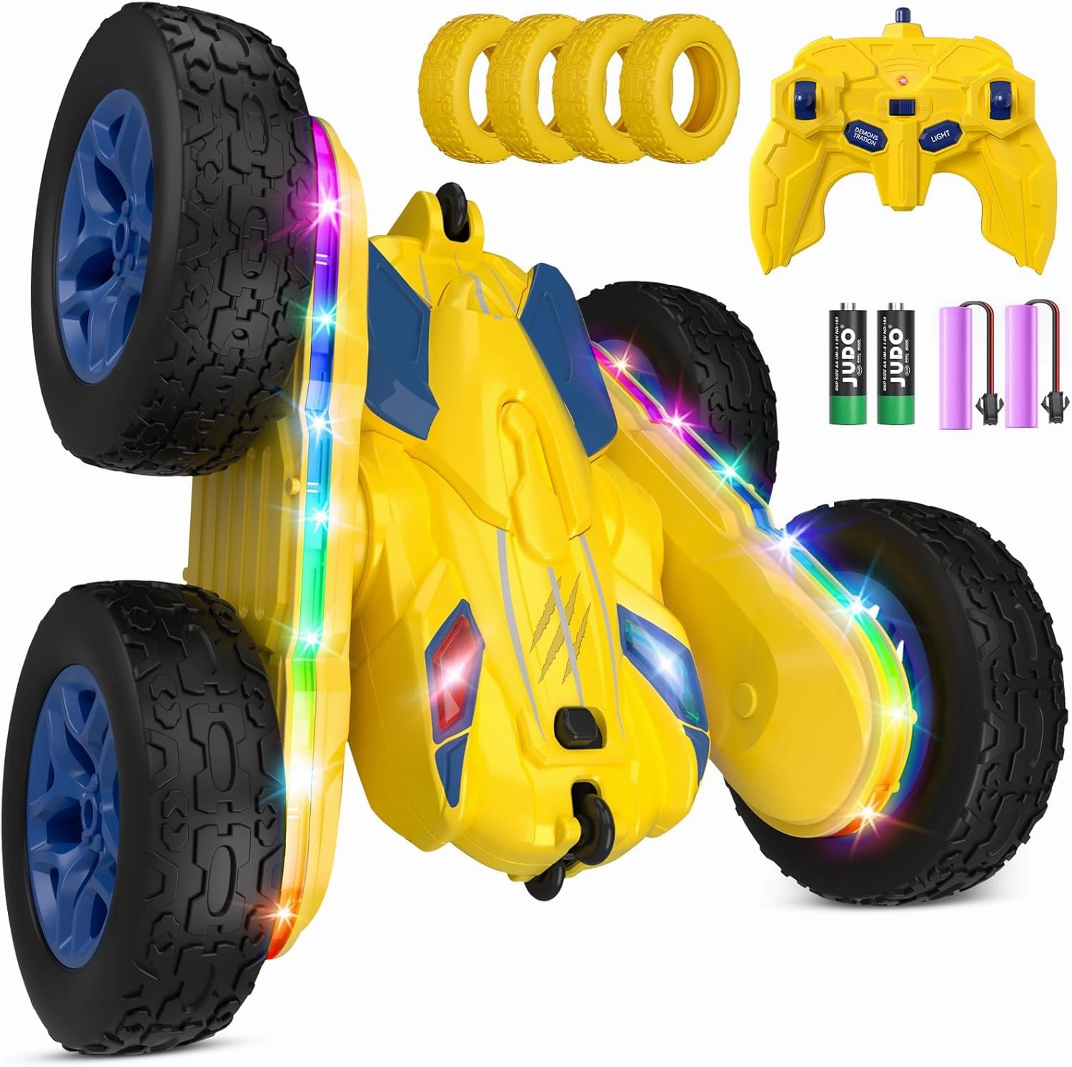 Remote Control Car,RC Cars with Sides Light Strip and Headlights,Double Sided 360 Flips Rotating RC Stunt Car,2.4Ghz All Terrain Toys for Ages 4-6 Kids Toy for Boys Girls Birthday Gift(Yellow)