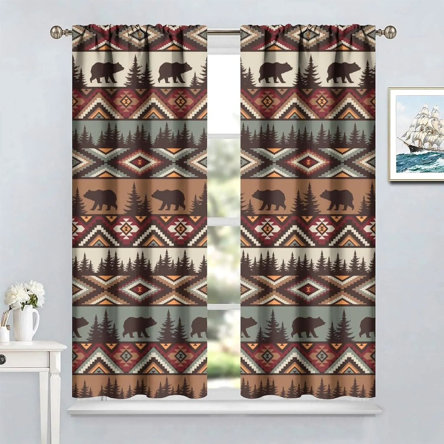 Retro Cabin Curtains,Vintage Bear Moose Deer Country Style Farmhouse Thermal Insulated Drapes Darkening Window Curtain for Bedroom Living Room Home 42x45 Inch