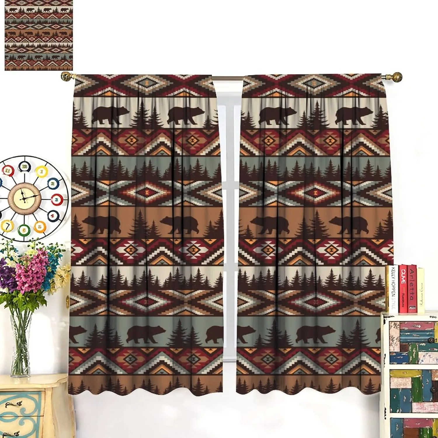 Retro Cabin Curtains,Vintage Bear Moose Deer Country Style Farmhouse Thermal Insulated Drapes Darkening Window Curtain for Bedroom Living Room Home 42x45 Inch