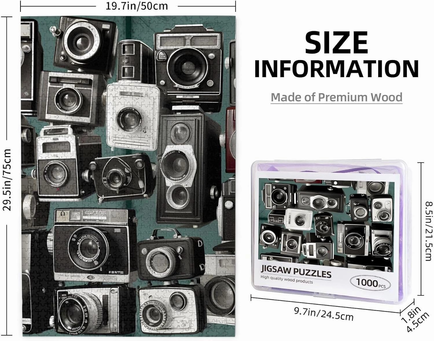 Retro Cool Camera Collection1 Puzzles 1000 Pieces Personalized Jigsaw Puzzles for Adults Personalized Picture with Storage Bag Puzzle Wooden Photos Puzzle for Family Home Decor (19.7" x 29.5")