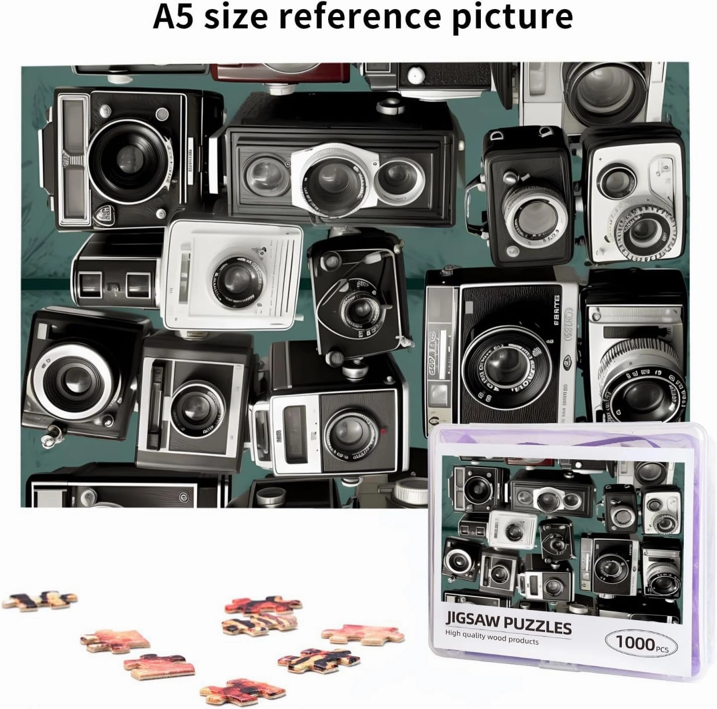 Retro Cool Camera Collection1 Puzzles 1000 Pieces Personalized Jigsaw Puzzles for Adults Personalized Picture with Storage Bag Puzzle Wooden Photos Puzzle for Family Home Decor (19.7" x 29.5")