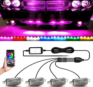 RGB Led Grille Lights APP Control 4 in 1 Colorful Underglow Rock LED Lights for Tacoma Truck Chevy Car Off-Road Raptor Jeep SUV ATV UTV DRL Decoration Signal LED Light
