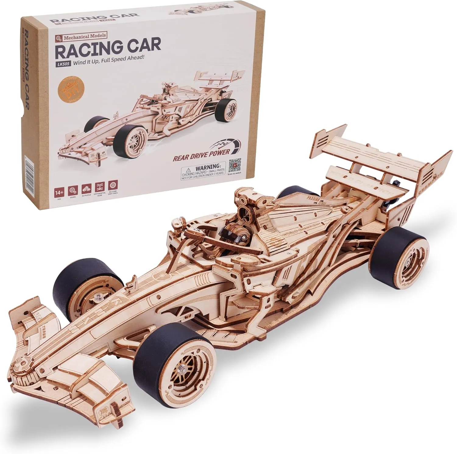 ROBOTIME 3D Puzzles for Adults, 1:18 Scale Wooden Formula Racing Car LK505, Wood Mechanical Model Car Kits to Build, Cool Crafts for Teens & Adults Project Kits Model Building Set