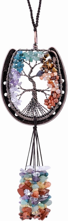 rockcloud Horseshoe Tree of Life with Crystals Tassel Wall Hanging Ornament, Tumbled Chips Gemstones Window Pendant for Home Office Car Meditation Decor, Mixed Stones