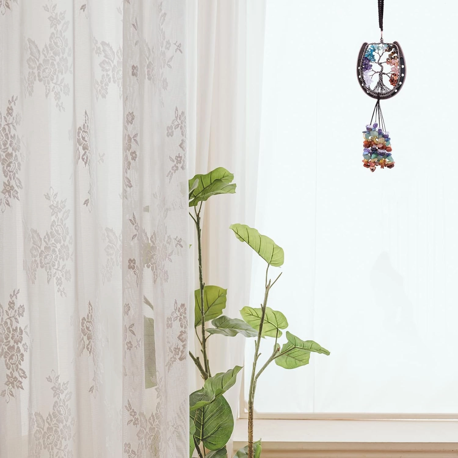 rockcloud Horseshoe Tree of Life with Crystals Tassel Wall Hanging Ornament, Tumbled Chips Gemstones Window Pendant for Home Office Car Meditation Decor, Mixed Stones