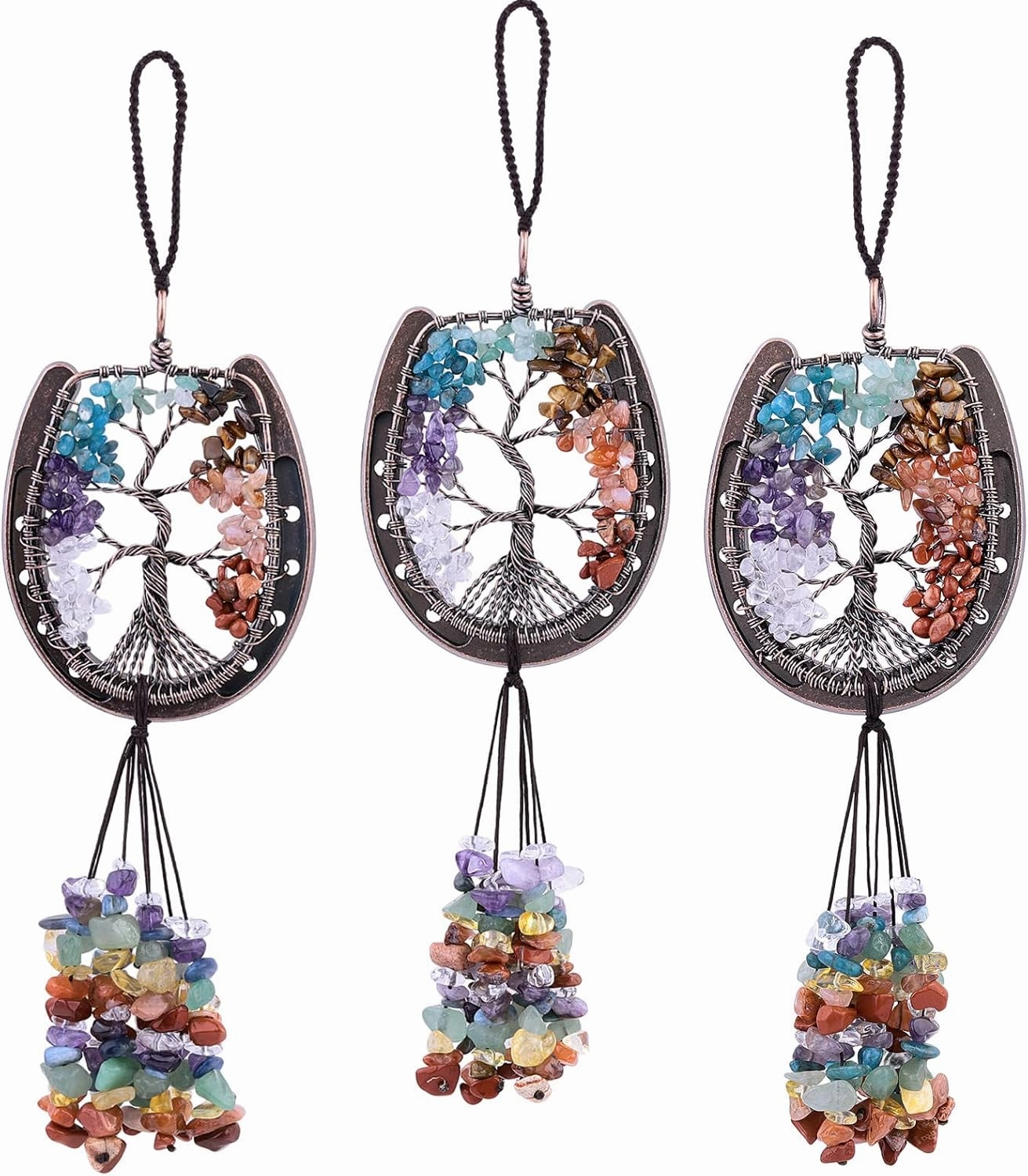rockcloud Horseshoe Tree of Life with Crystals Tassel Wall Hanging Ornament, Tumbled Chips Gemstones Window Pendant for Home Office Car Meditation Decor, Mixed Stones