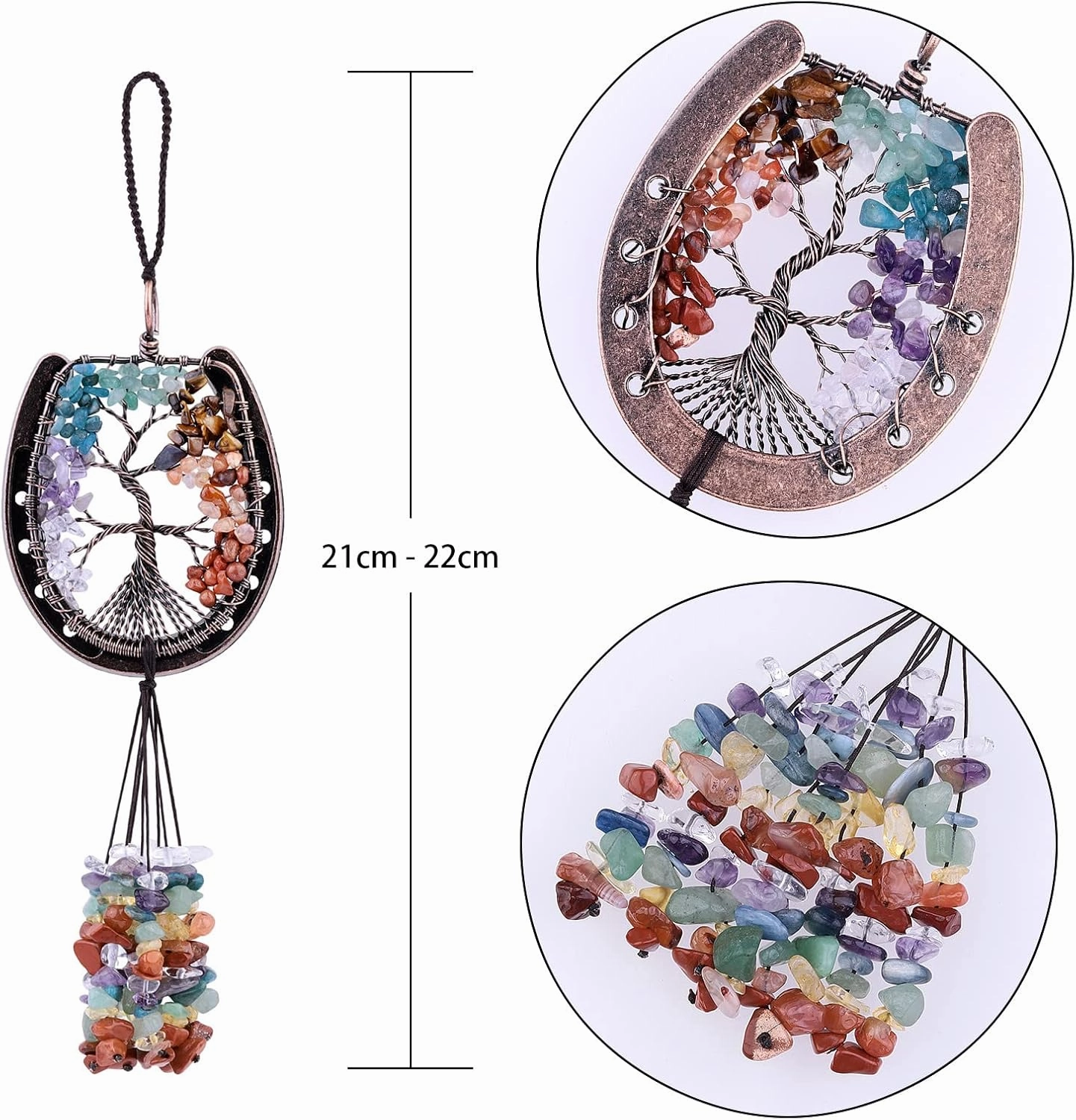 rockcloud Horseshoe Tree of Life with Crystals Tassel Wall Hanging Ornament, Tumbled Chips Gemstones Window Pendant for Home Office Car Meditation Decor, Mixed Stones