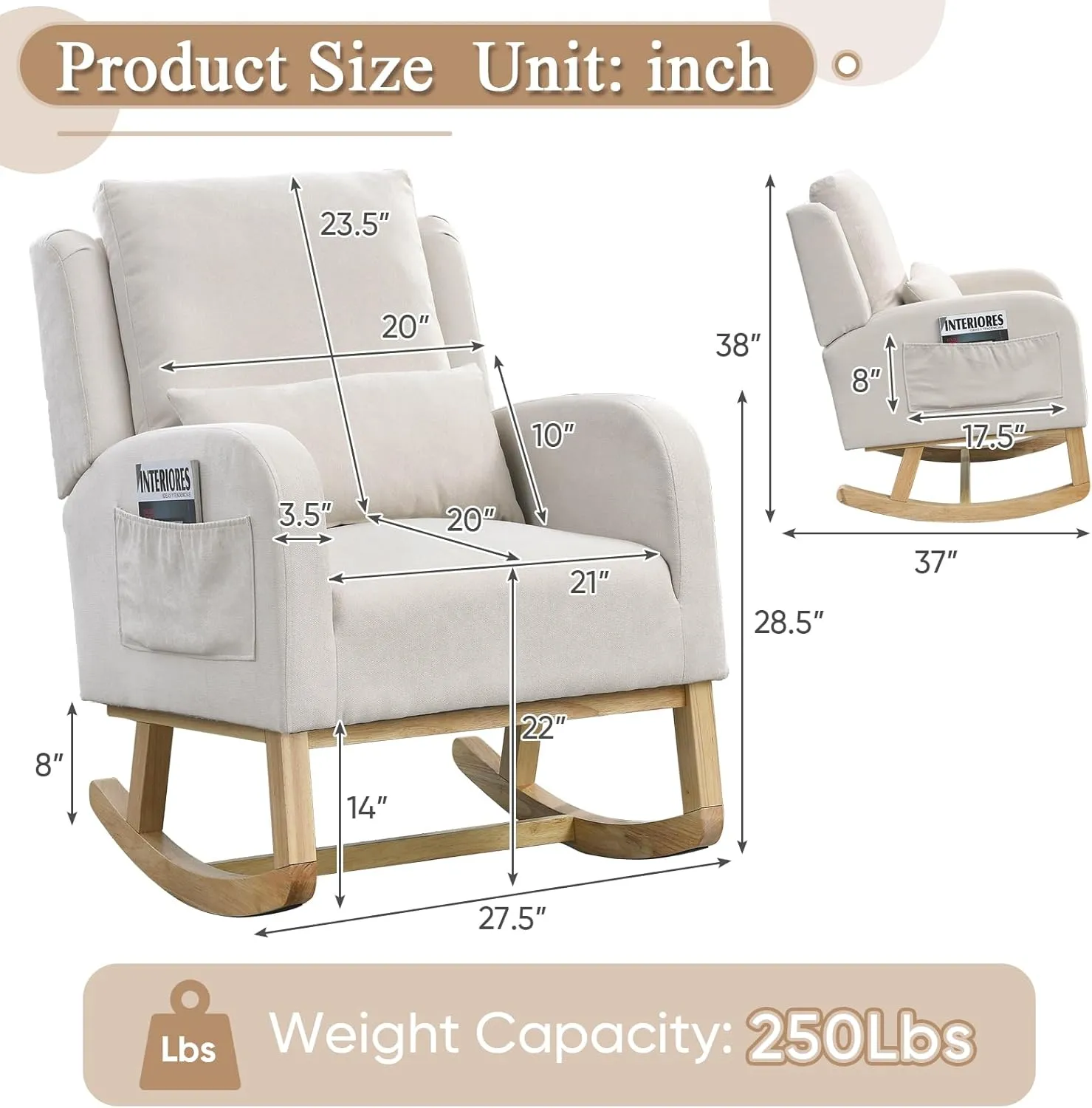 Rocking Glider Chair for Nursery, Wingback Accent Rocker Chair Upholstered Tall Back Arm Chair w/Side Pockets, Modern Leisure Single Sofa for Living Room, Hotel, Bedroom, Baby Room, Beige