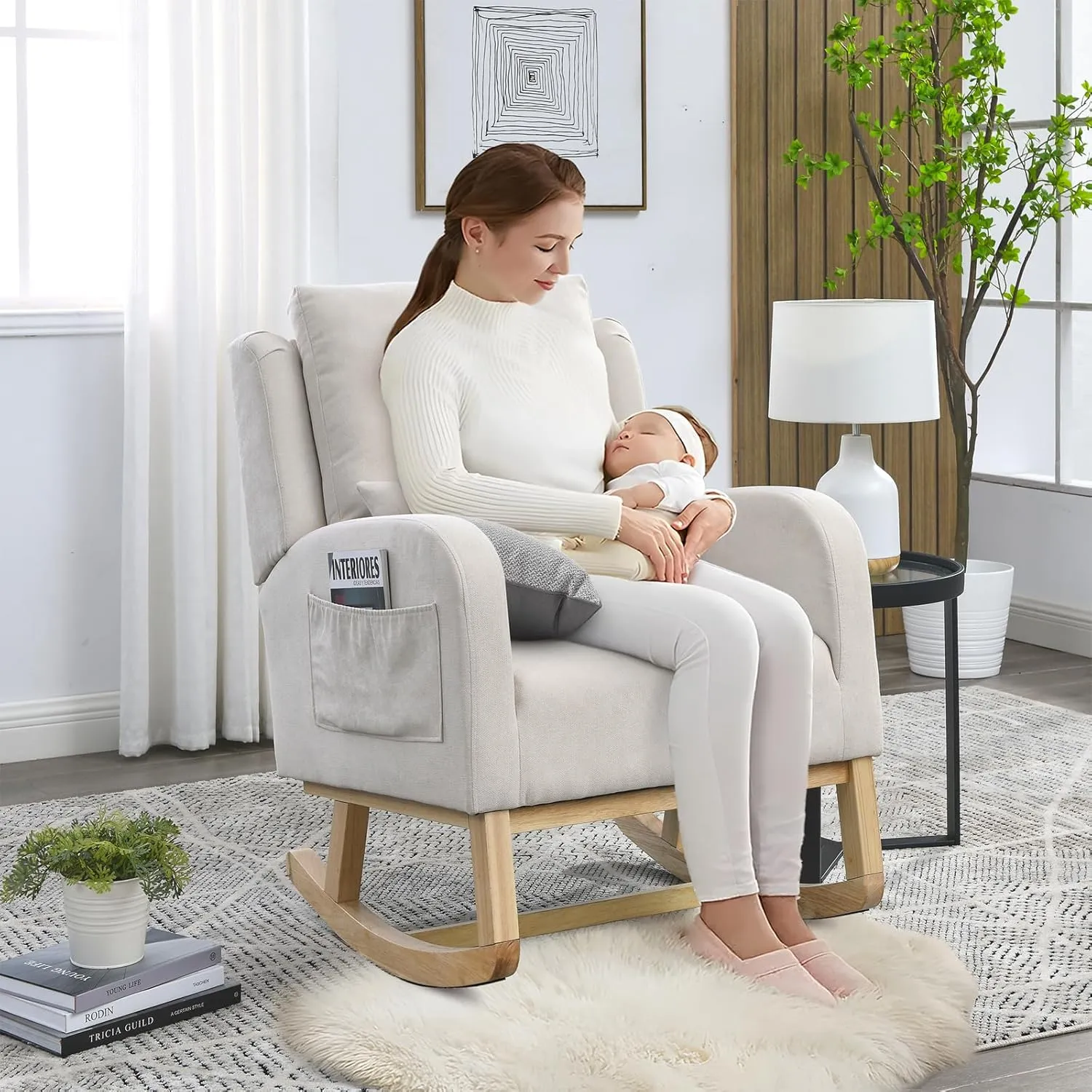 Rocking Glider Chair for Nursery, Wingback Accent Rocker Chair Upholstered Tall Back Arm Chair w/Side Pockets, Modern Leisure Single Sofa for Living Room, Hotel, Bedroom, Baby Room, Beige