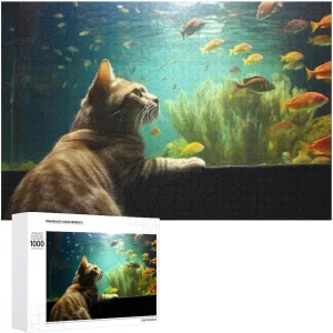 Romantic Cat and Fish Unique Shaped Wooden Puzzle for Adults and Kids Birthday Gift Family Game 1000 Piece Jigsaw Puzzle for Adults Kids Great Gift for Family Friends