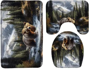 Rustic Bear Bathroom Rug Set of 3,Misty Forest Snowy Mountain Wildlife Waterfall Jungle Stream River Rock Natural Landscape Bath Mats Set for Bathroom, Washable Cover Floor Rug Decor