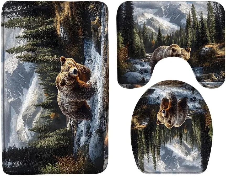 Rustic Bear Bathroom Rug Set of 3,Misty Forest Snowy Mountain Wildlife Waterfall Jungle Stream River Rock Natural Landscape Bath Mats Set for Bathroom, Washable Cover Floor Rug Decor