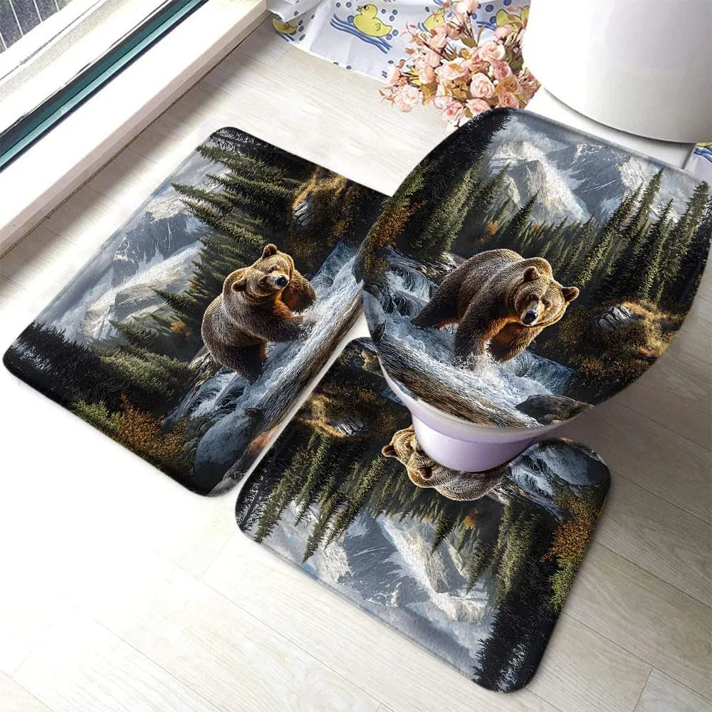 Rustic Bear Bathroom Rug Set of 3,Misty Forest Snowy Mountain Wildlife Waterfall Jungle Stream River Rock Natural Landscape Bath Mats Set for Bathroom, Washable Cover Floor Rug Decor