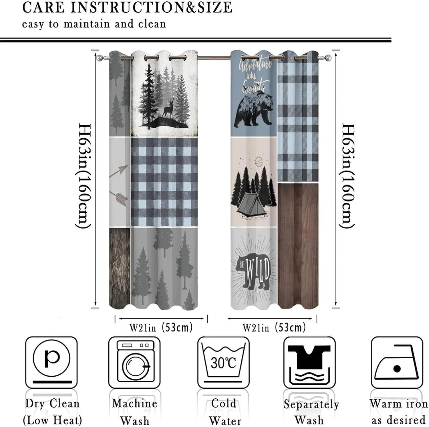 Rustic Bear Deer Blackout Curtains for Bedroom,Retro Farmhouse Forest Animals Blue Plaid Check Grommet Thermal Insulated Room Darkening Curtains Window Curtains 2 Panels 63L x 21W