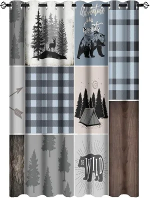 Rustic Bear Deer Blackout Curtains for Bedroom,Retro Farmhouse Forest Animals Blue Plaid Check Grommet Thermal Insulated Room Darkening Curtains Window Curtains 2 Panels 63L x 21W