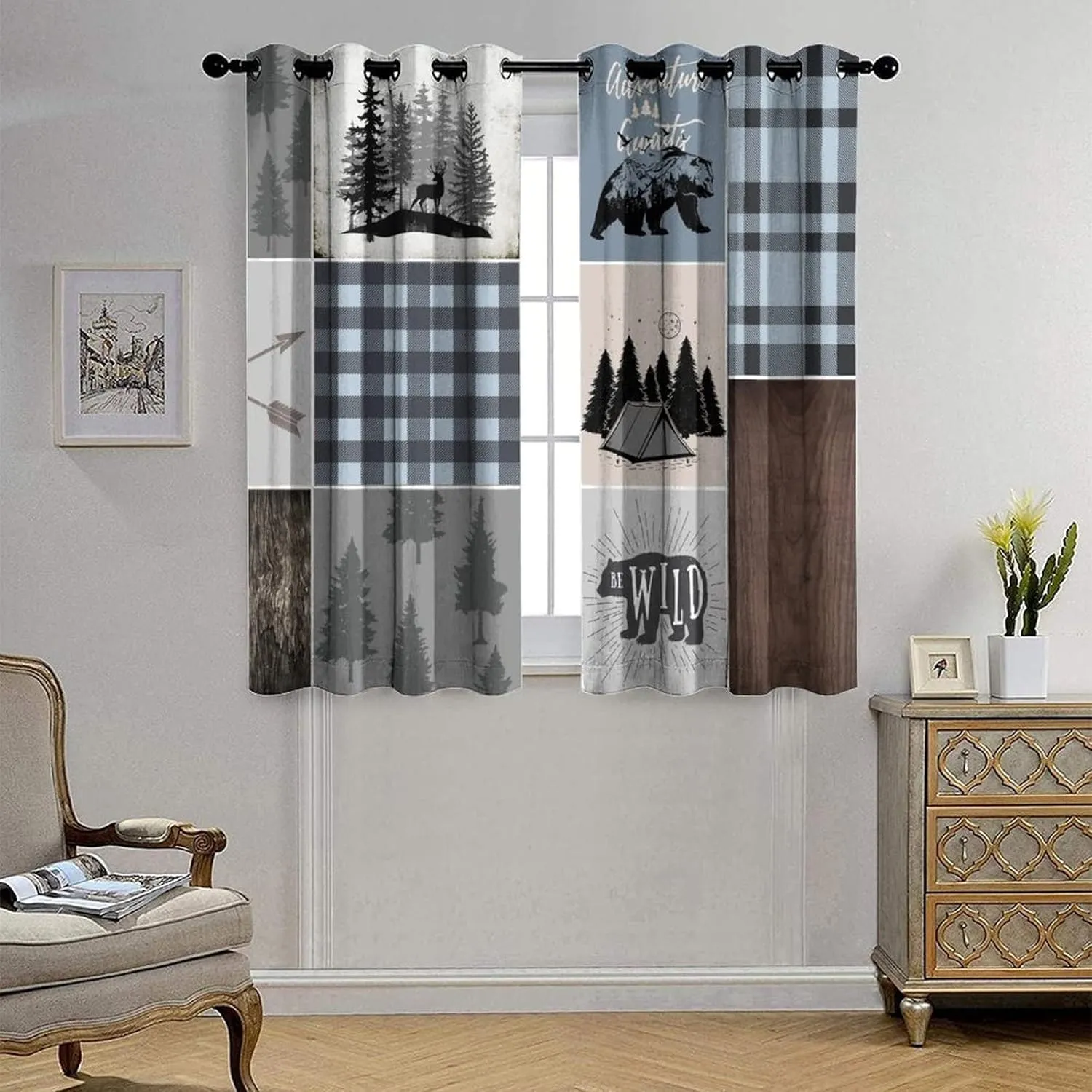 Rustic Bear Deer Blackout Curtains - Retro Farmhouse Forest Animals Blue Plaid Check Grommet Window Curtain Set Energy Saving Thermal Insulated Drapes for Living Room,2 Panels 45L x 21W
