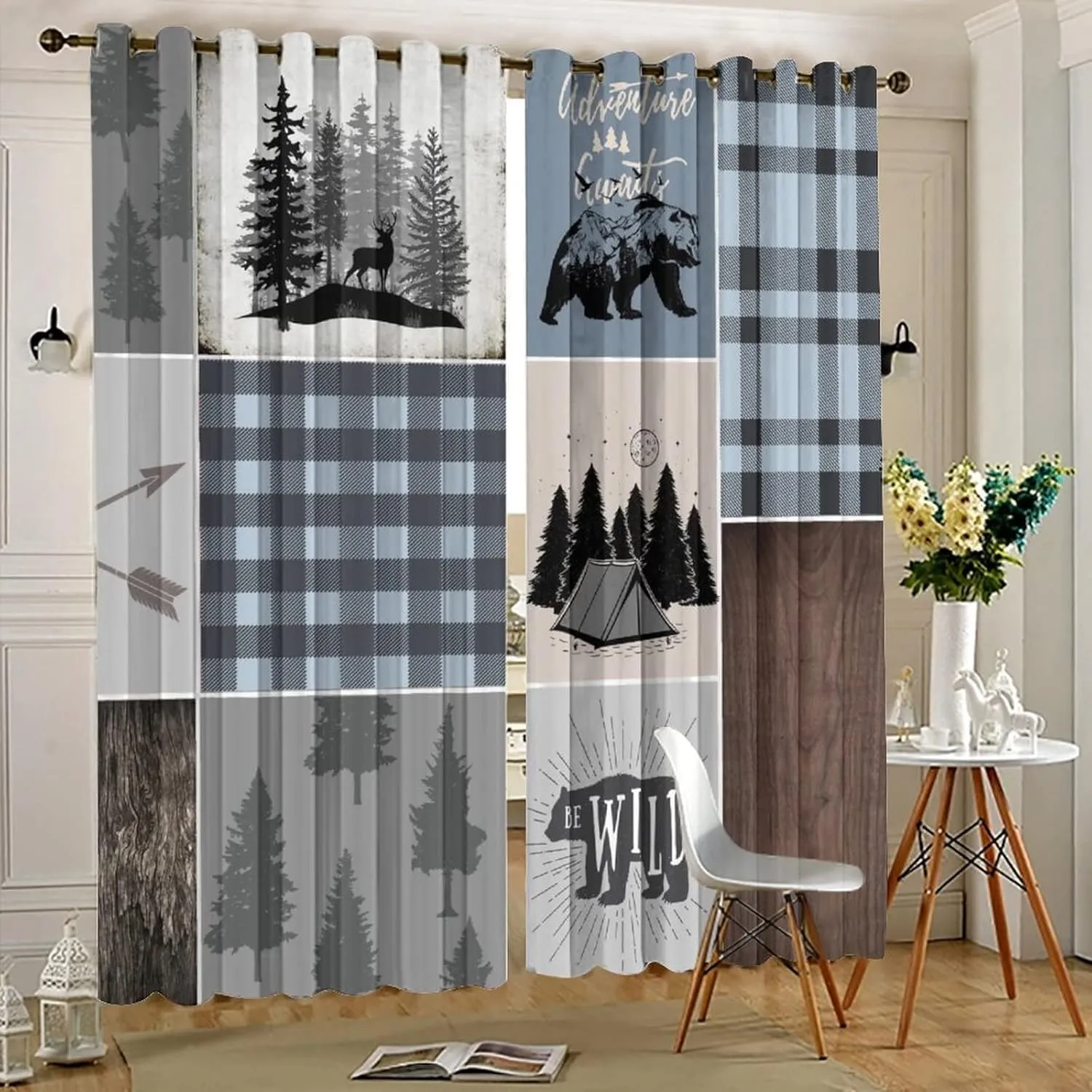 Rustic Bear Deer Blackout Curtains - Retro Farmhouse Forest Animals Blue Plaid Check Grommet Window Curtain Set Energy Saving Thermal Insulated Drapes for Living Room,2 Panels 45L x 21W