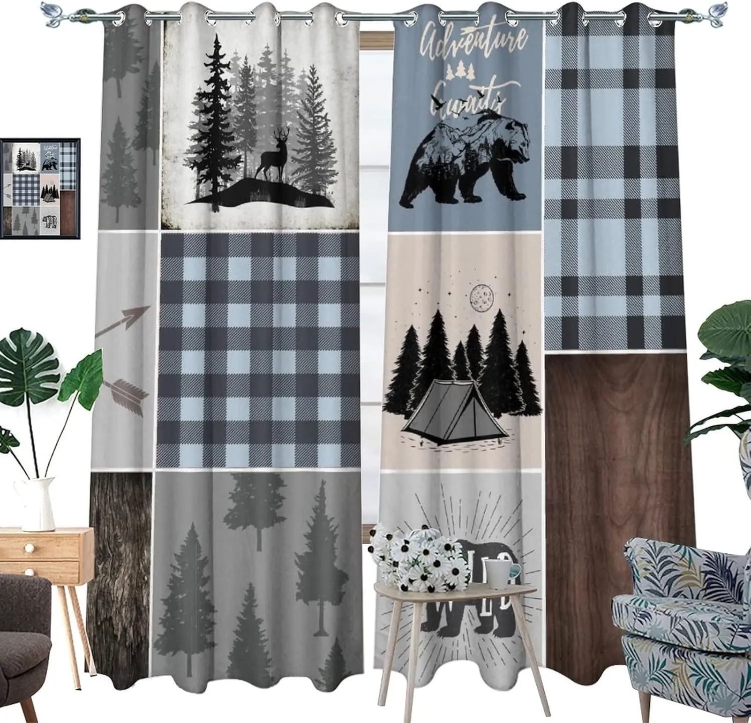Rustic Bear Deer Blackout Curtains - Retro Farmhouse Forest Animals Blue Plaid Check Grommet Window Curtain Set Energy Saving Thermal Insulated Drapes for Living Room,2 Panels 45L x 21W