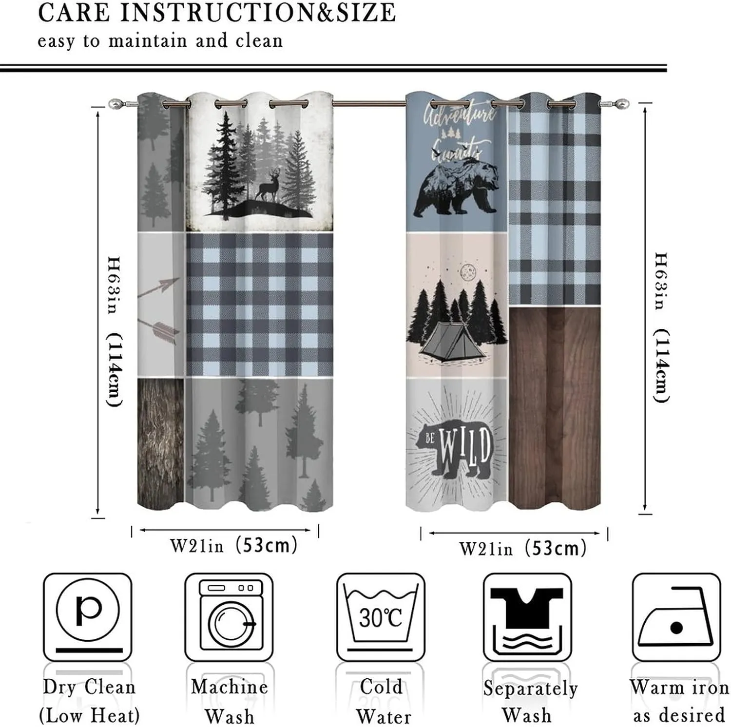 Rustic Bear Deer Blackout Curtains - Retro Farmhouse Forest Animals Blue Plaid Check Grommet Window Curtain Set Energy Saving Thermal Insulated Drapes for Living Room,2 Panels 45L x 21W