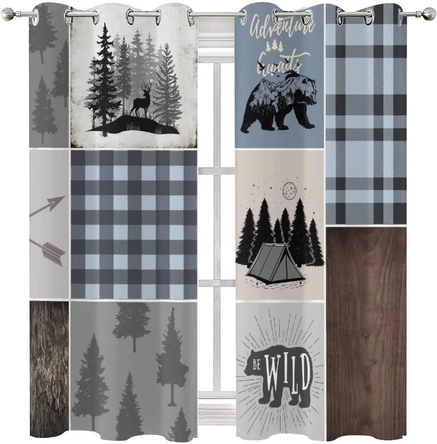 Rustic Bear Deer Blackout Curtains - Retro Farmhouse Forest Animals Blue Plaid Check Grommet Window Curtain Set Energy Saving Thermal Insulated Drapes for Living Room,2 Panels 45L x 21W