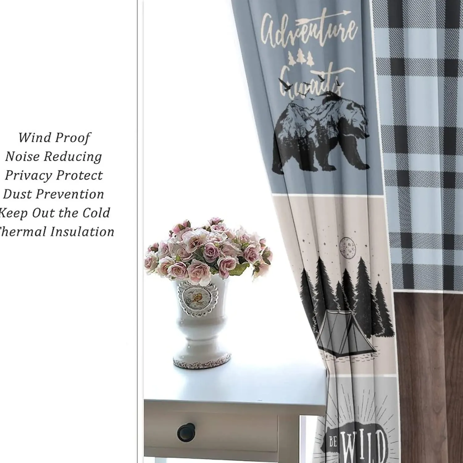 Rustic Bear Deer Blackout Curtains - Retro Farmhouse Forest Animals Blue Plaid Check Grommet Window Curtain Set Energy Saving Thermal Insulated Drapes for Living Room,2 Panels 45L x 21W