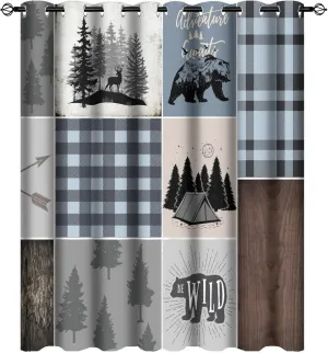 Rustic Bear Deer Blackout Curtains - Retro Farmhouse Forest Animals Blue Plaid Check Grommet Window Curtain Set Energy Saving Thermal Insulated Drapes for Living Room,2 Panels 45L x 21W