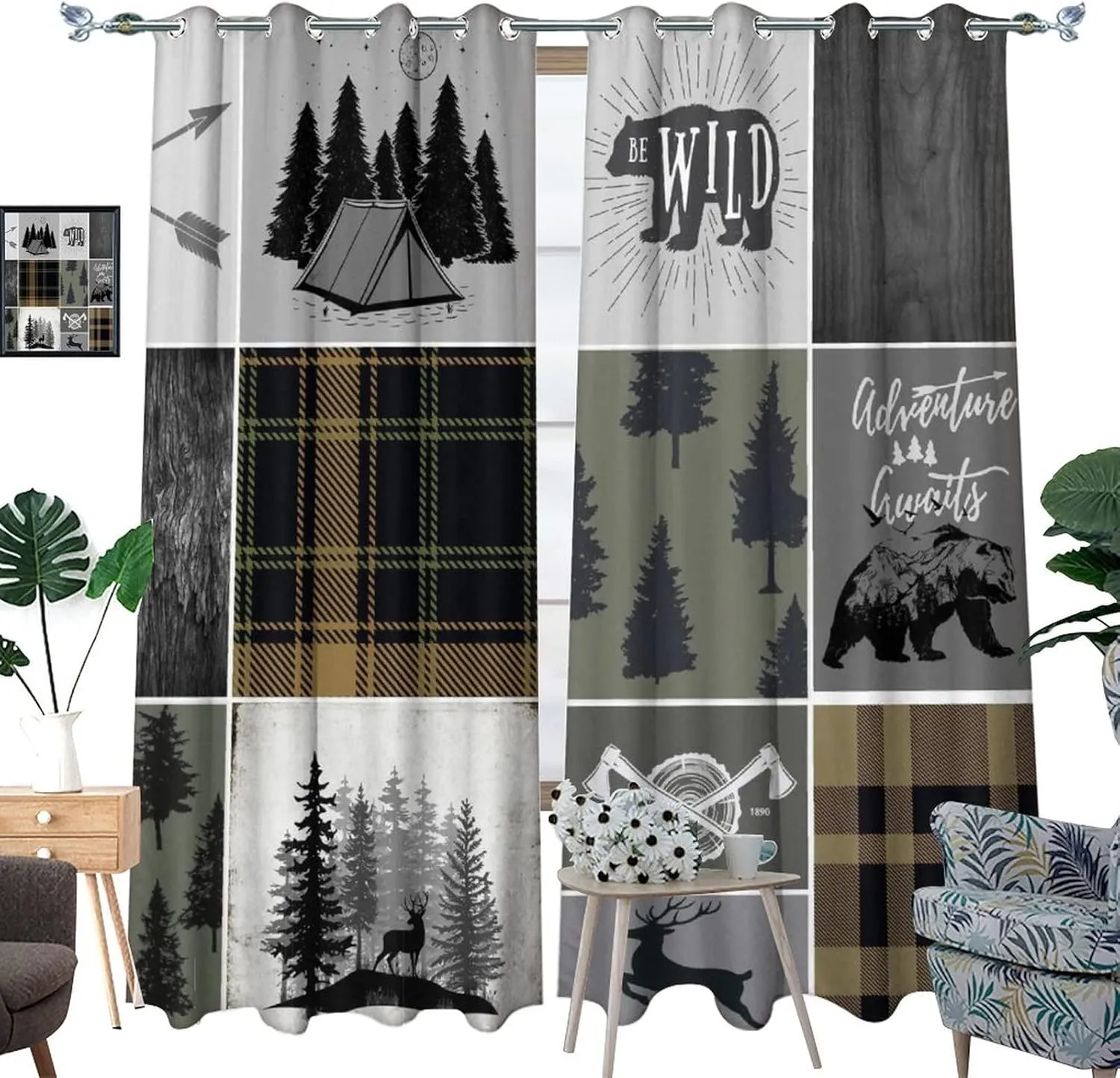 Rustic Cabin Bear Deer Blackout Curtains for Bedroom,Retro Country Hunting Theme Wildlife Plaid Check Adventure Grommet Thermal Insulated Room Darkening Window Treatments 2 Panels 63L x 21W