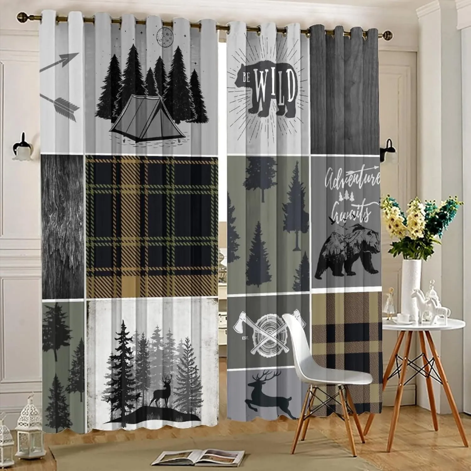 Rustic Cabin Bear Deer Blackout Curtains for Bedroom,Retro Country Hunting Theme Wildlife Plaid Check Adventure Grommet Thermal Insulated Room Darkening Window Treatments 2 Panels 63L x 21W