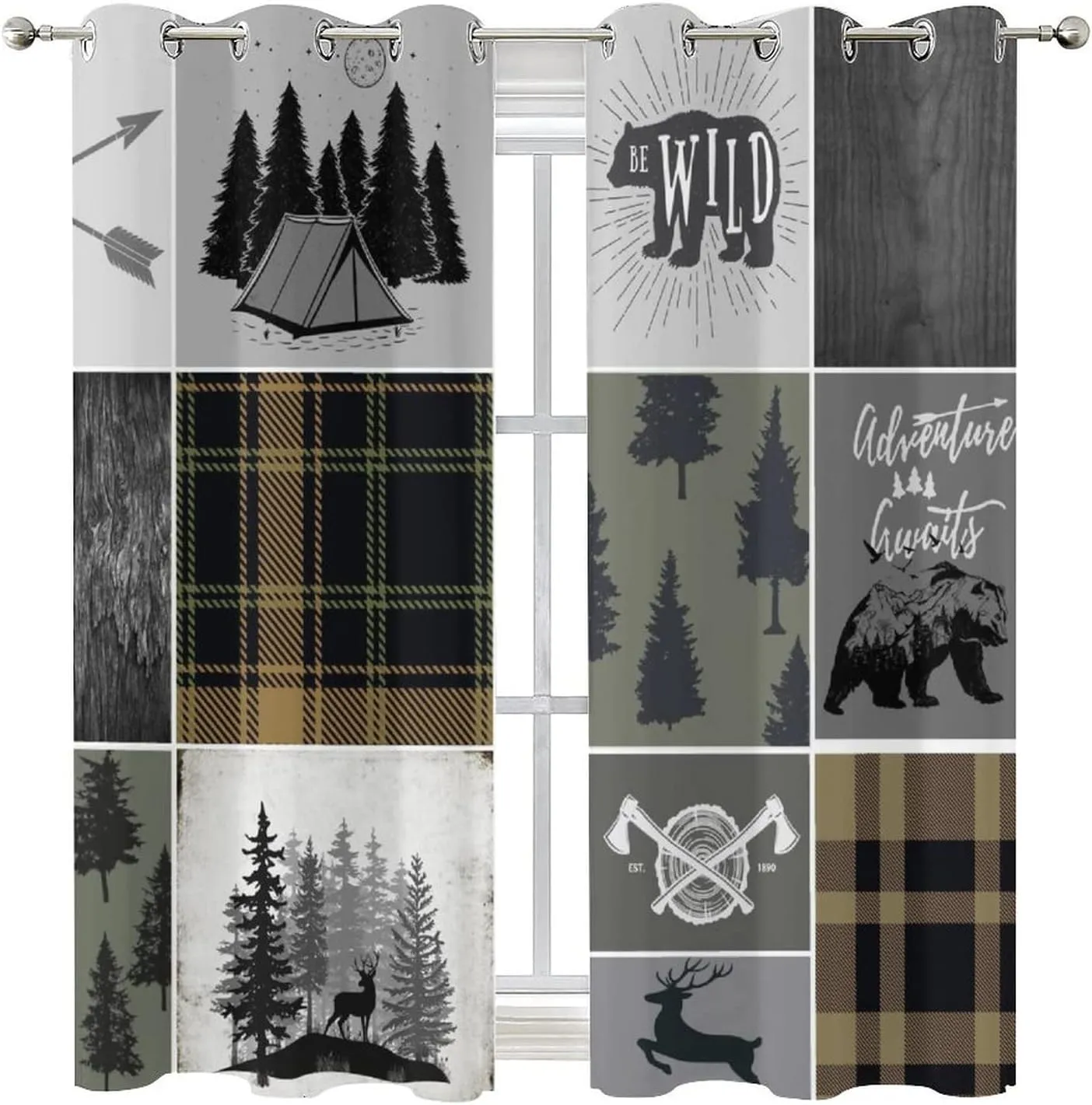 Rustic Cabin Bear Deer Blackout Curtains for Bedroom,Retro Country Hunting Theme Wildlife Plaid Check Adventure Grommet Thermal Insulated Room Darkening Window Treatments 2 Panels 63L x 21W
