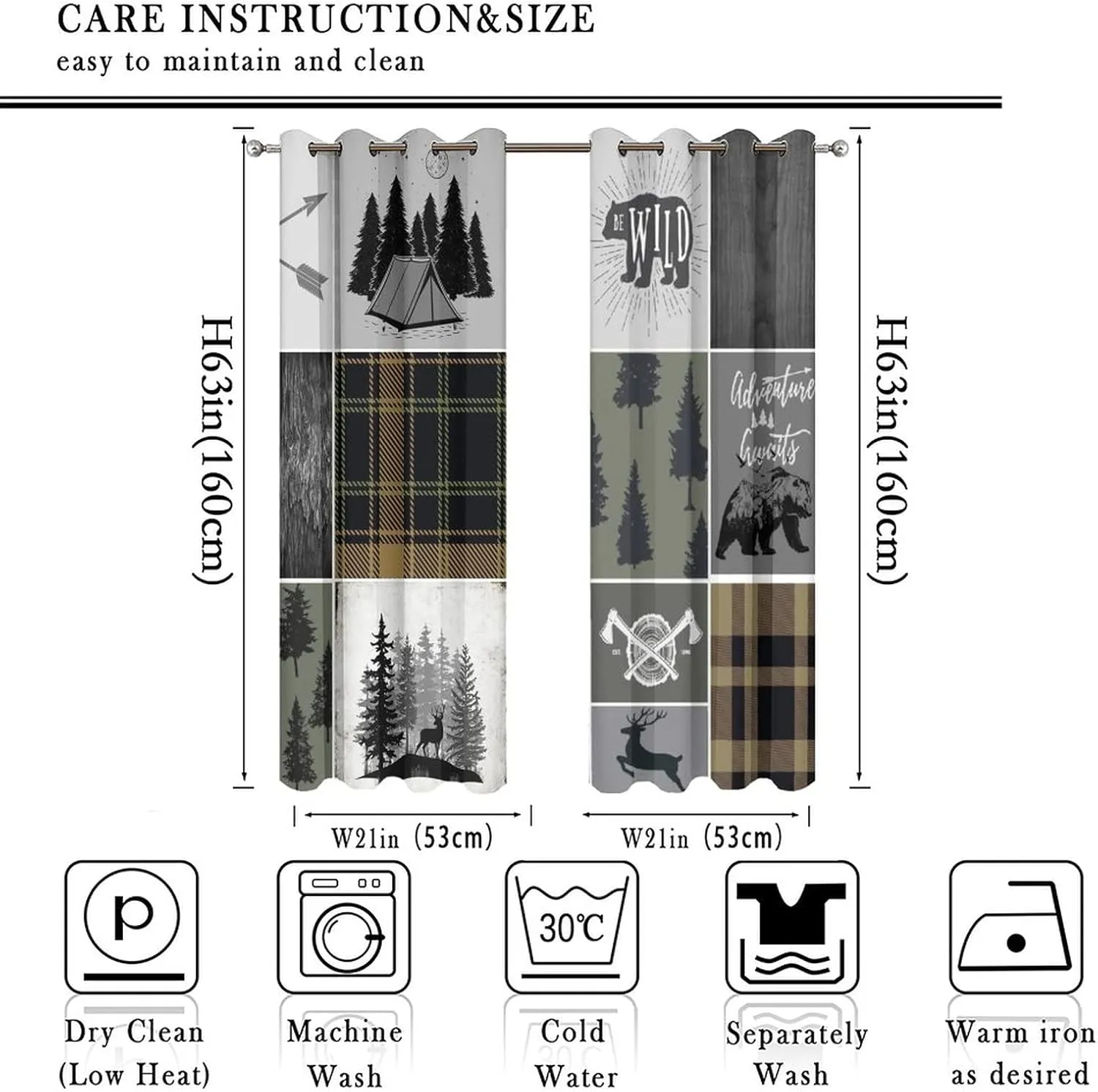 Rustic Cabin Bear Deer Blackout Curtains for Bedroom,Retro Country Hunting Theme Wildlife Plaid Check Adventure Grommet Thermal Insulated Room Darkening Window Treatments 2 Panels 63L x 21W