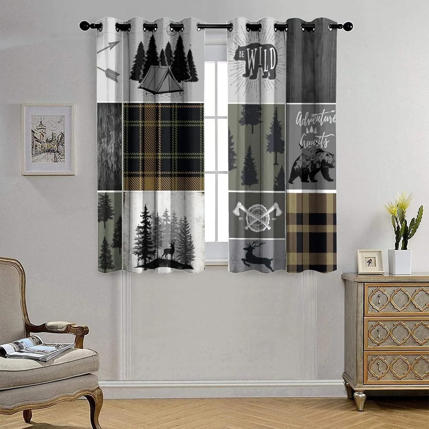 Rustic Cabin Bear Deer Blackout Curtains for Bedroom,Retro Country Hunting Theme Wildlife Plaid Check Adventure Grommet Thermal Insulated Room Darkening Window Treatments 2 Panels 63L x 21W
