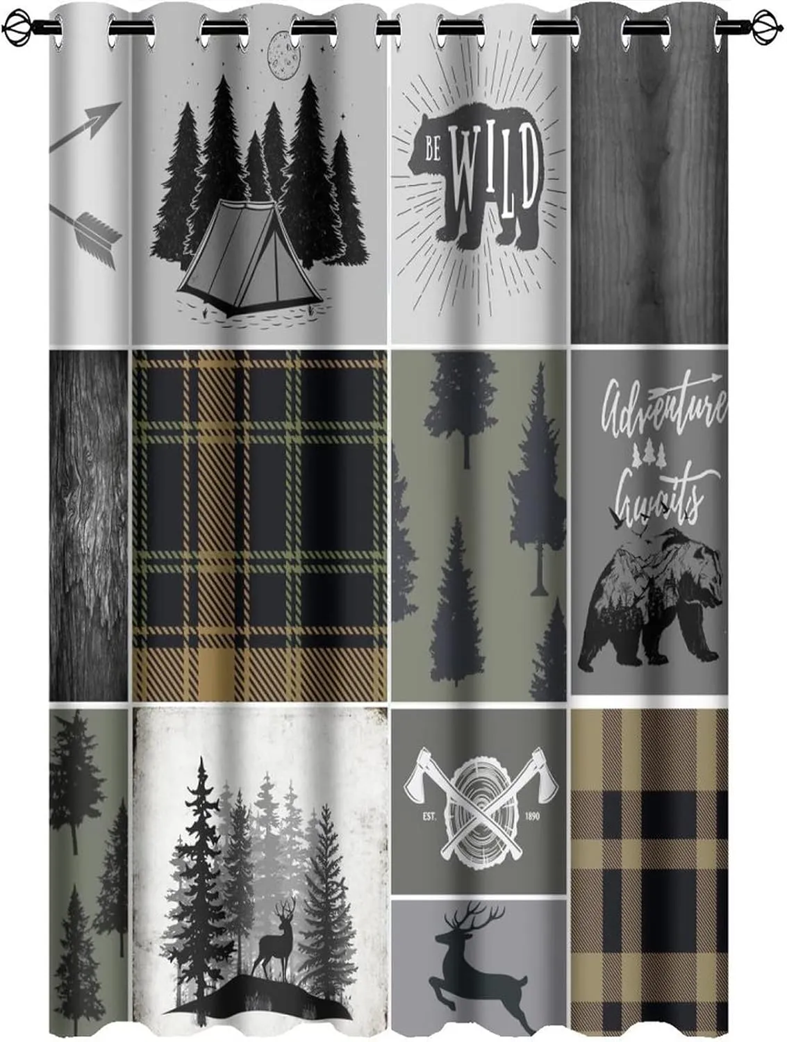 Rustic Cabin Bear Deer Blackout Curtains for Bedroom,Retro Country Hunting Theme Wildlife Plaid Check Adventure Grommet Thermal Insulated Room Darkening Window Treatments 2 Panels 63L x 21W