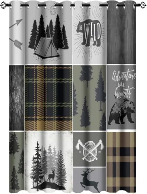 Rustic Cabin Bear Deer Blackout Curtains for Bedroom,Retro Country Hunting Theme Wildlife Plaid Check Adventure Grommet Thermal Insulated Room Darkening Window Treatments 2 Panels 63L x 21W